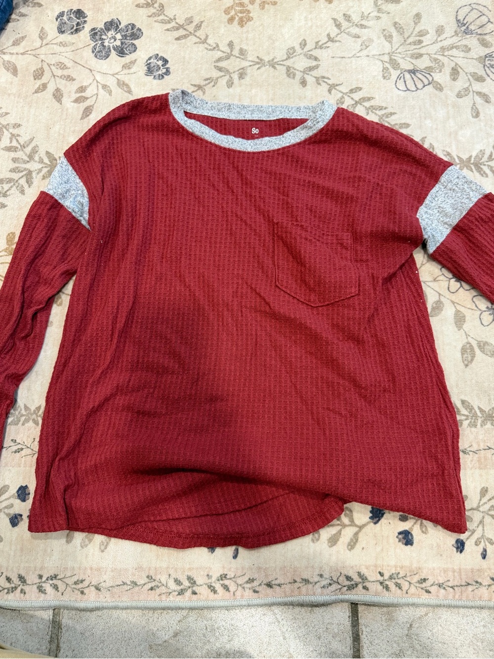 SO Women's Long Sleeve Pocket Tee in Red with Gray Trim